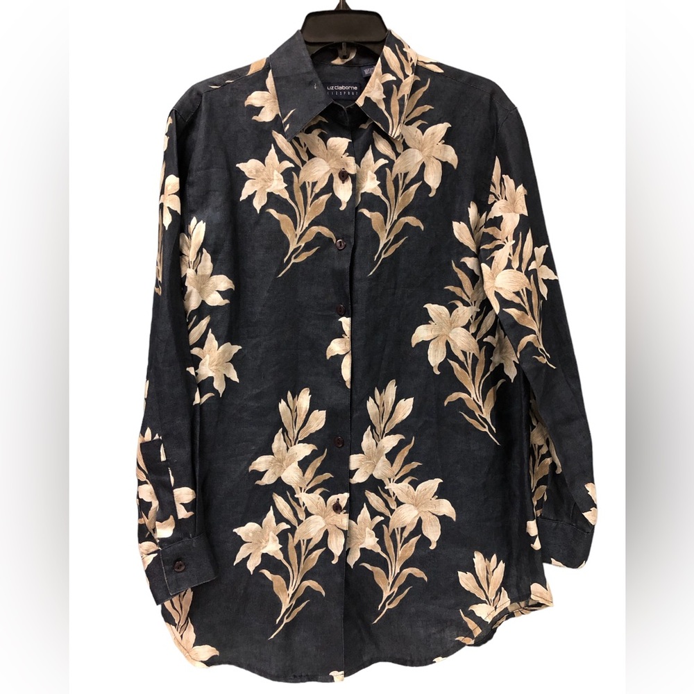 Vintage Liz Claiborne Sport 100% linen women’s size S floral navy‎ blue L/S top